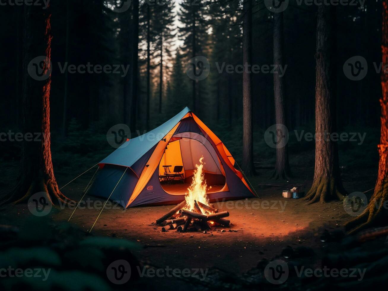 Tent in a forest with a camp fire, Generative AI Illustration. photo