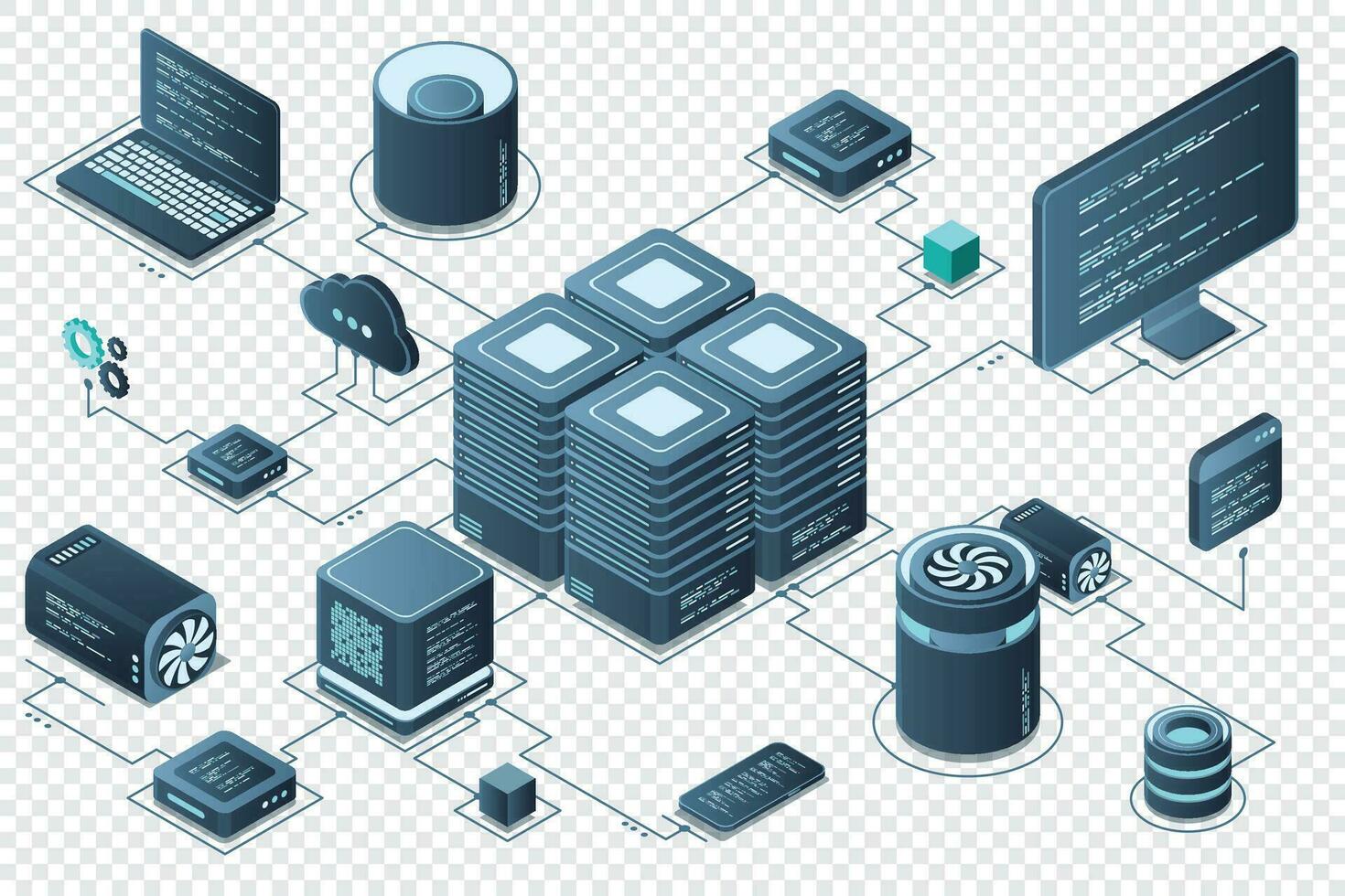Computer technology isometric illustration. Computation of big data center. Cloud computing. Online devices upload and download information. Modern 3d isometric vector illustration