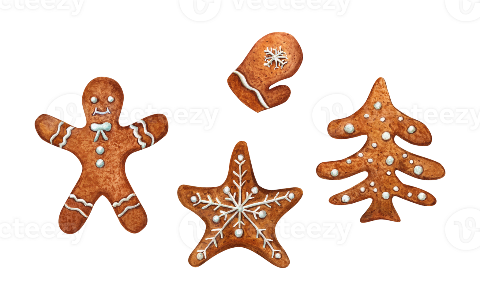 Set of watercolor Christmas gingerbread cookies decorated with white icing. Traditional Xmas pastries. Hand drawn illustration of gingerbread man, mitten, star, spruce png