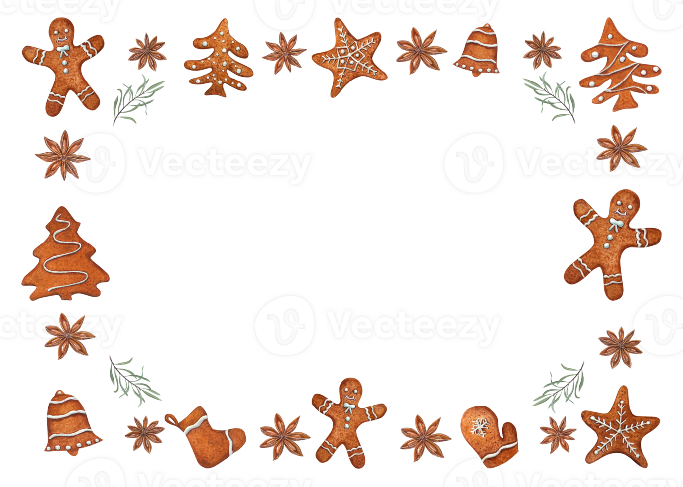 Watercolor frame with star anise, sea buckthorn branch, Christmas gingerbread cookies decorated with white icing. Winter illustration for the design of greetings, package png