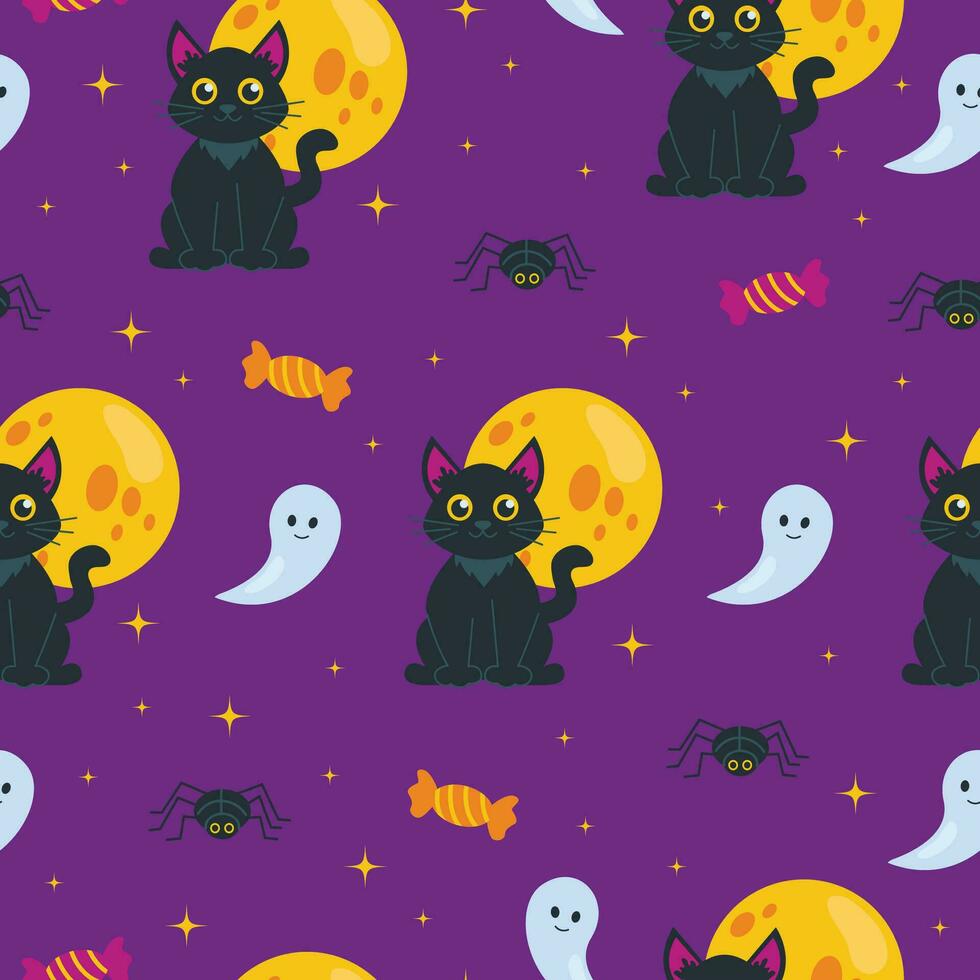Seamless pattern. Happy Halloween. Black cat, candy, spider, ghost, full moon and stars. Vector graphic.