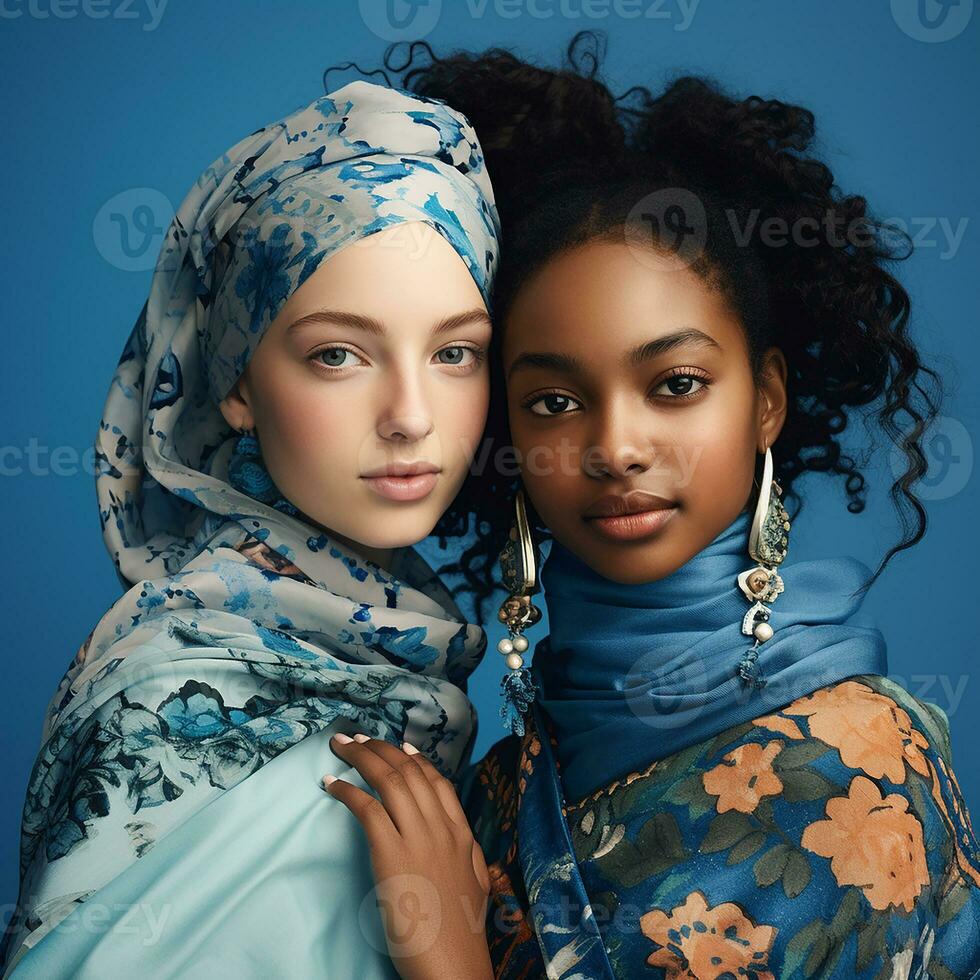 photorealistic image of two beautiful young women of different nationalities. multiculture, diversity. AI generated photo