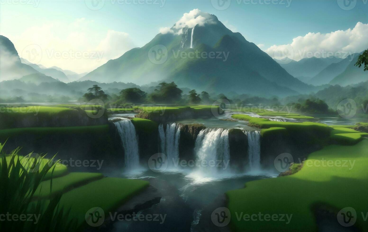 Rice field with mountain and waterfall in Thailand, Generative AI Illustration. photo