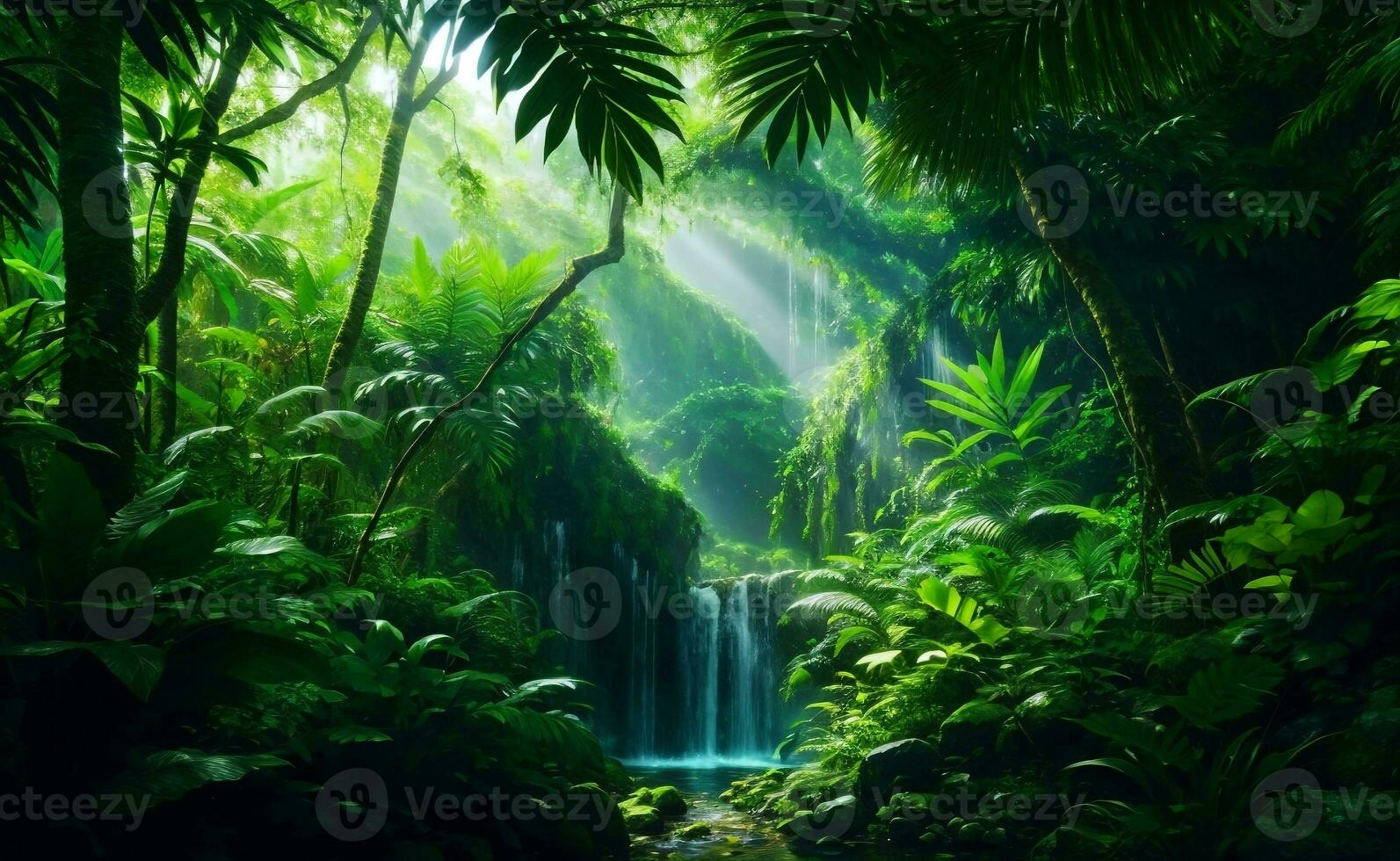 Green beautiful jungle background, Generative AI Illustration. photo