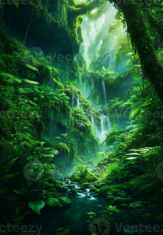 Green beautiful jungle background, Generative AI Illustration. photo