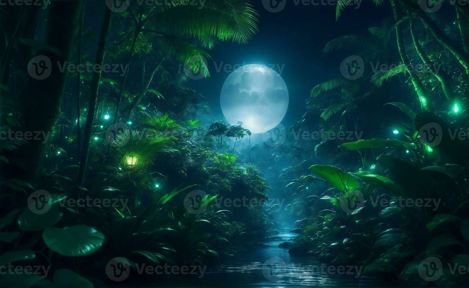 The magical jungle with moonlight, Generative AI Illustration. photo