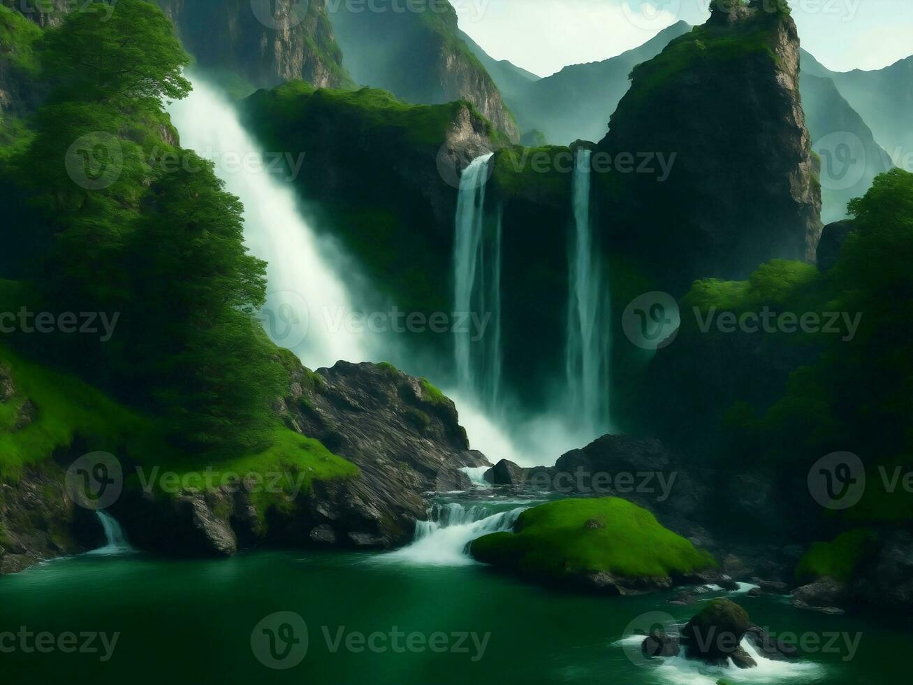 montaña con cascada verde naturaleza, generativo ai ilustración. foto