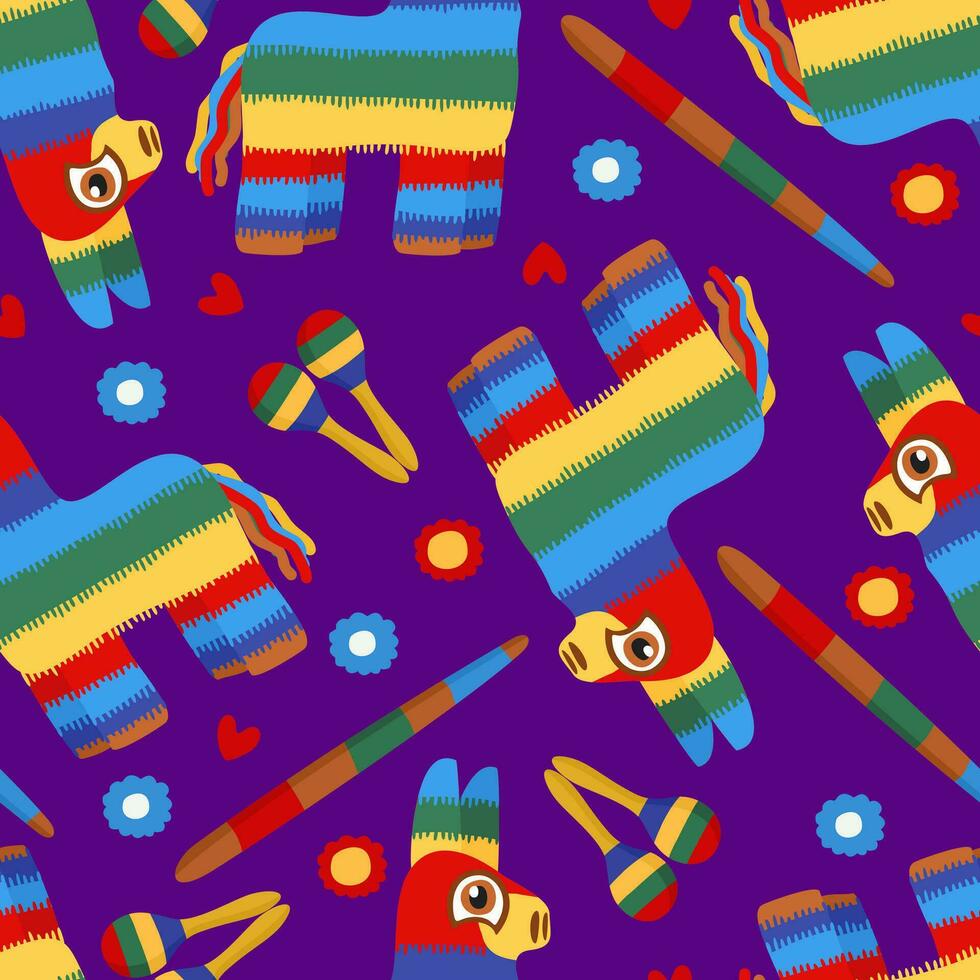 Vector bright seamless pattern with colorful pinatas and maracas on purple background