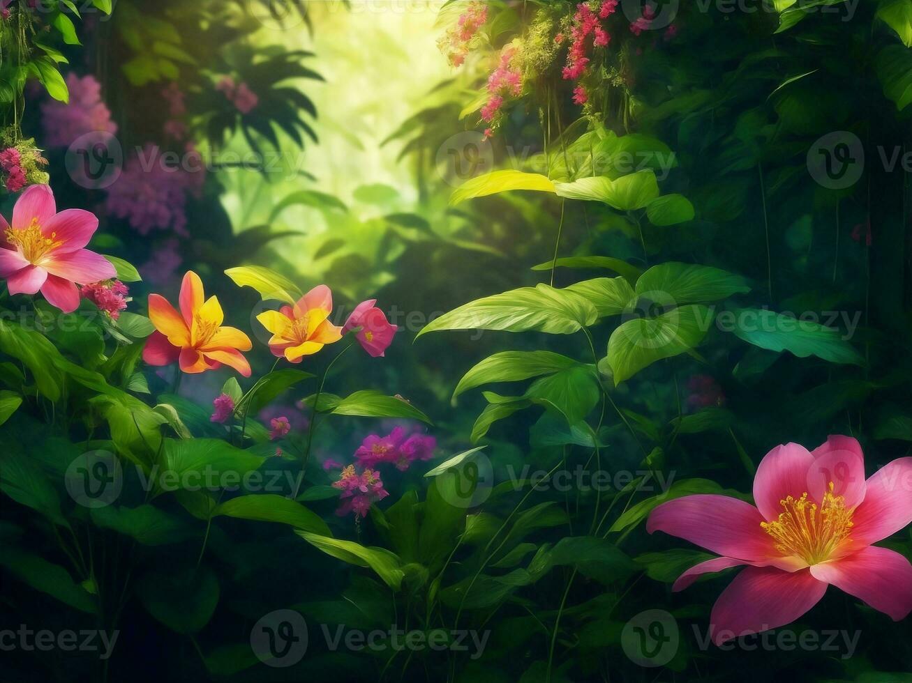 Beautiful tropical flowers in jungle, Generative AI Illustration. photo