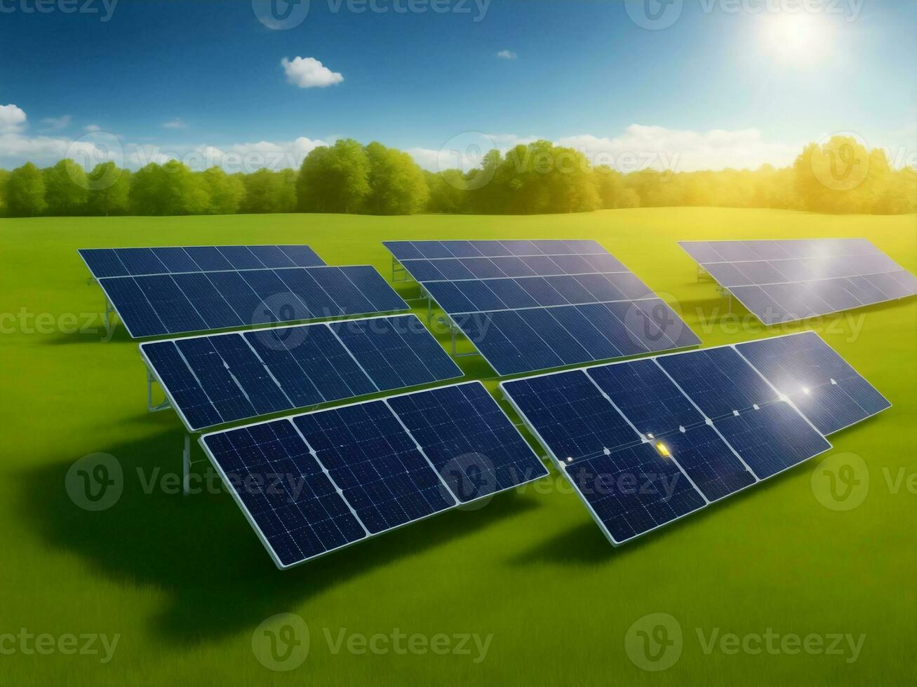 Solar cells on green field, Generative AI Illustration. photo