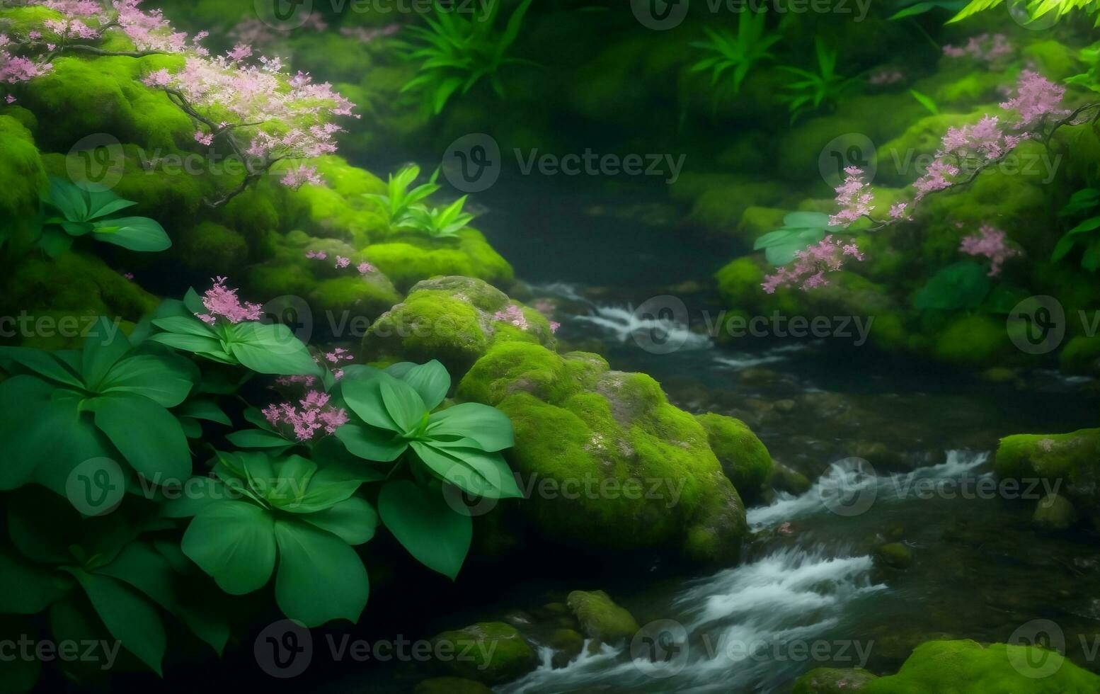 A river in forest with many plants, Generative AI Illustration. photo