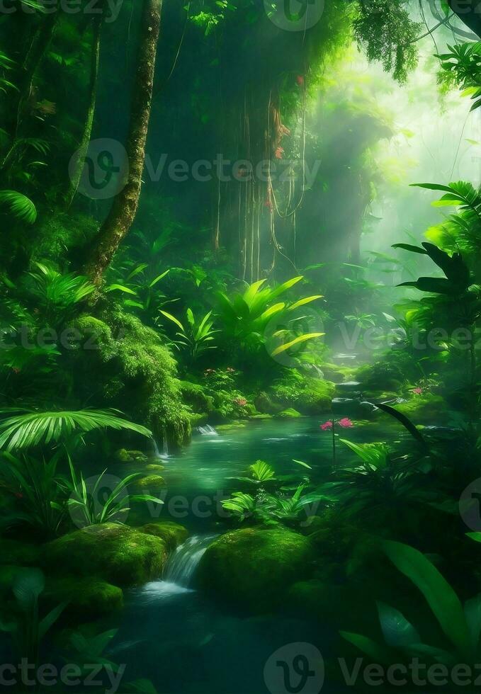 Green beautiful jungle background, Generative AI Illustration. photo