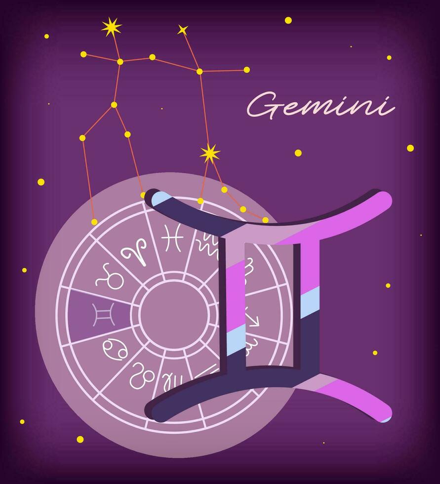 Geminis firmar, zodíaco antecedentes. hermosa y sencillo vector imagen de noche, estrellado cielo con Geminis zodíaco constelación, esfera con encapsulado Geminis firmar y constelación nombre.