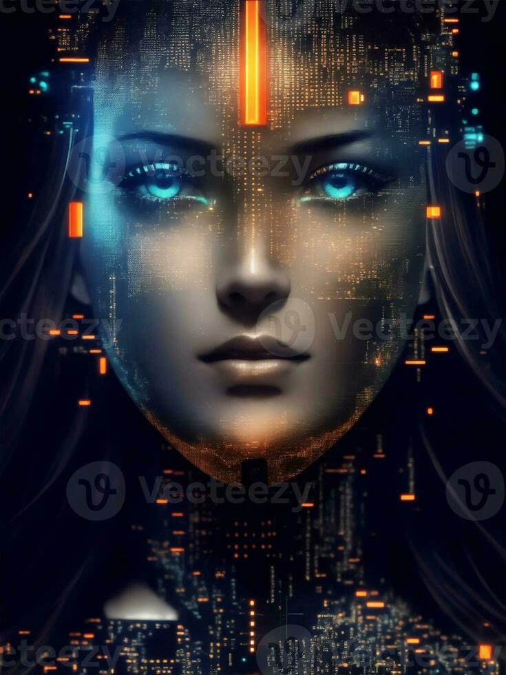 Beautiful woman face made of matrix style computer code integrated into a circuit Board, Generative AI Illustration. photo
