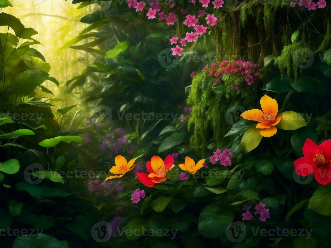 Beautiful tropical flowers in jungle, Generative AI Illustration. photo