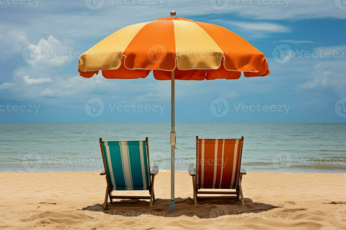 Colorful Beach chairs umbrella. Generate Ai photo