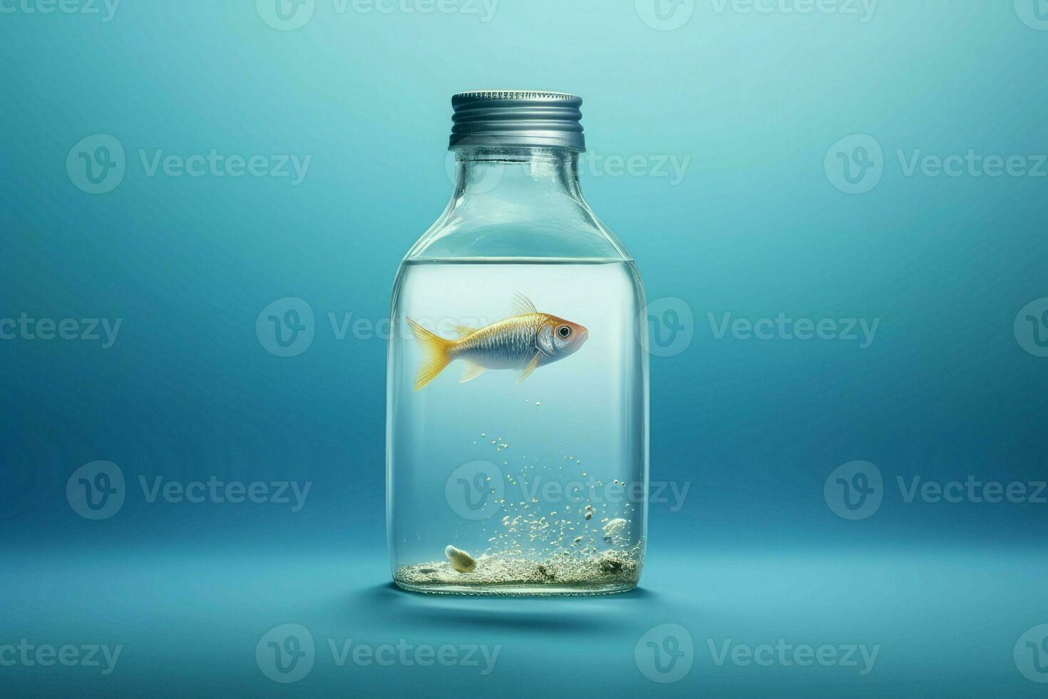 pescado pequeño azul botella. generar ai foto