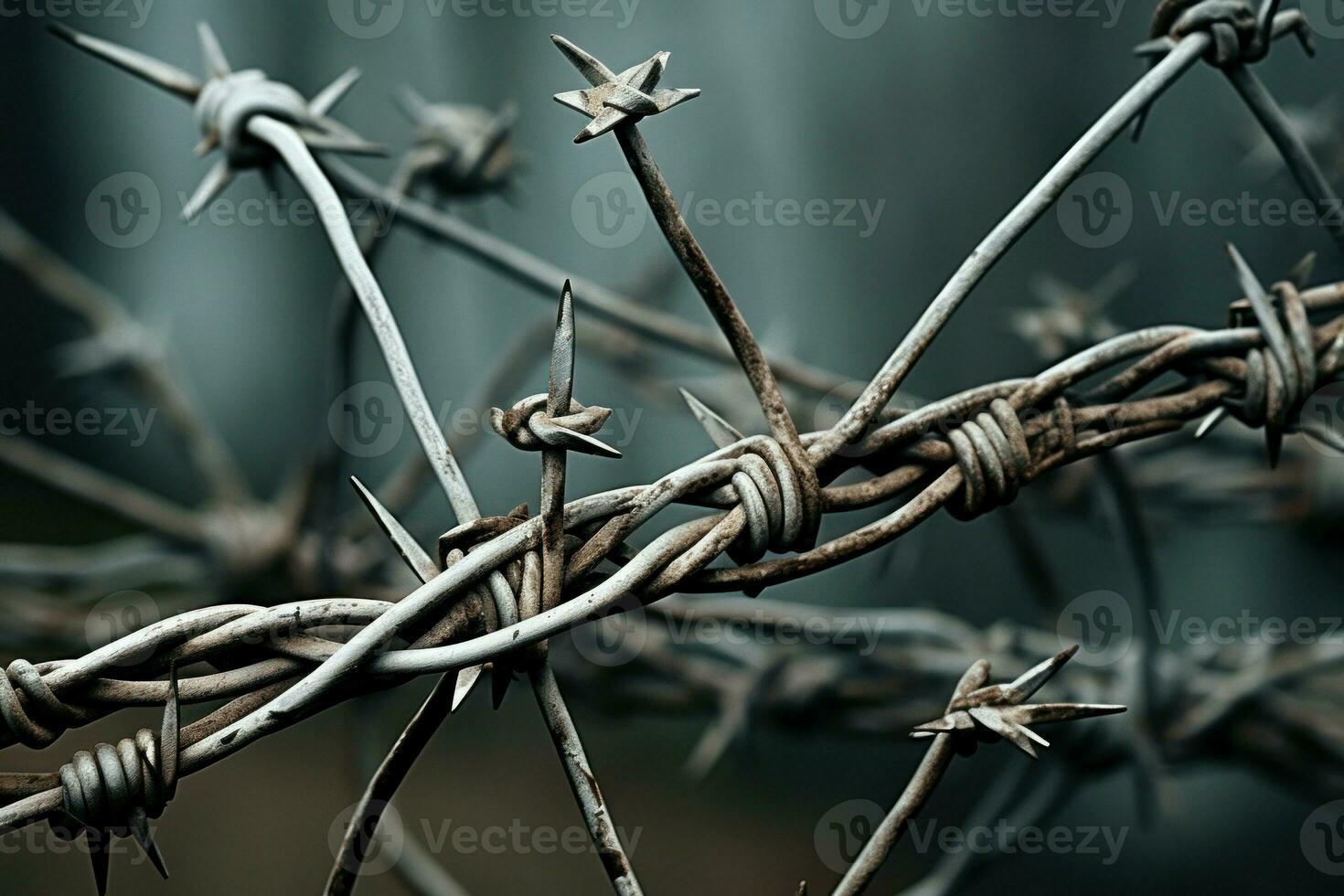 Dangerous Barbed wire field closeup. Generate Ai photo