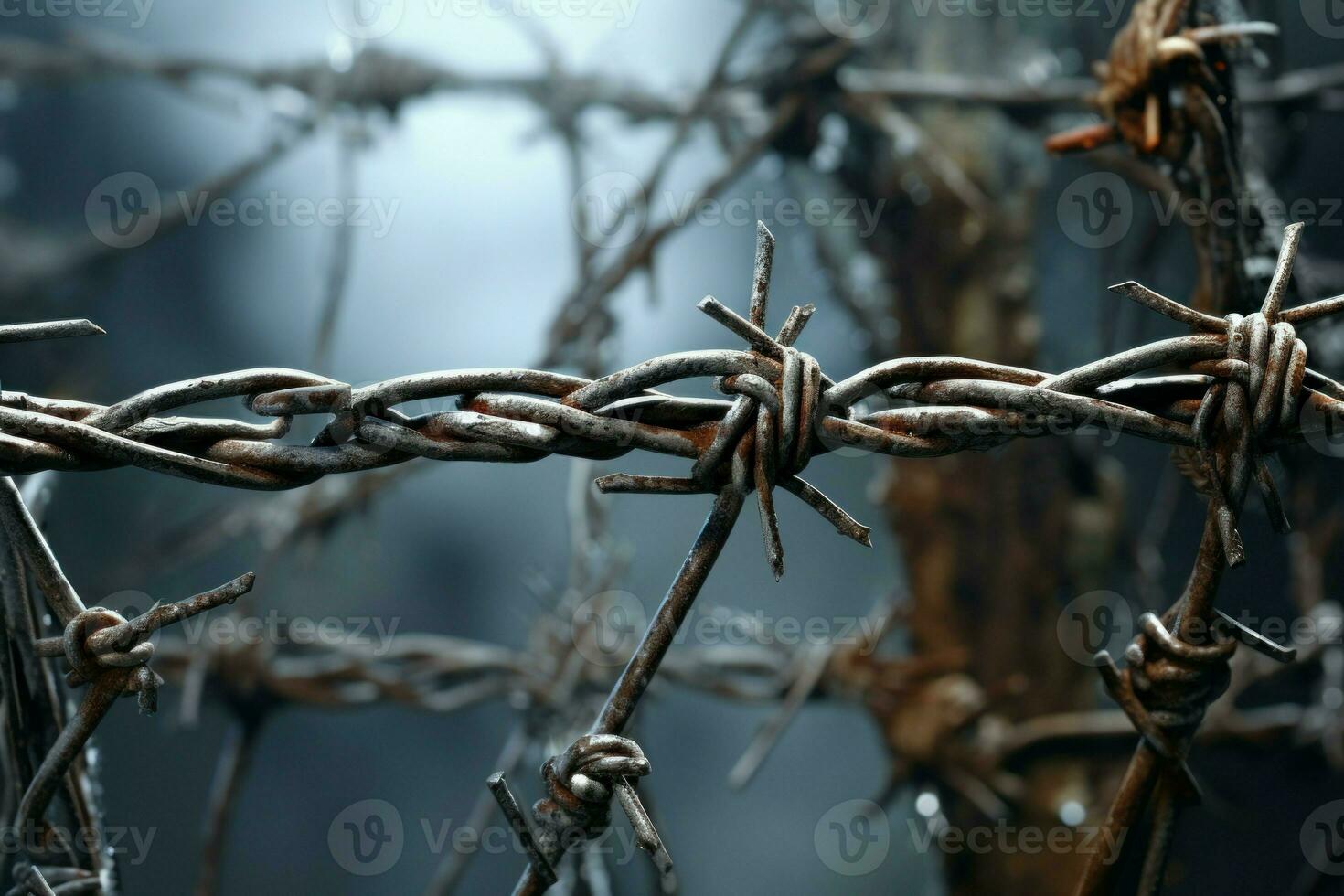 Entangled Barbed wire field closeup. Generate Ai photo