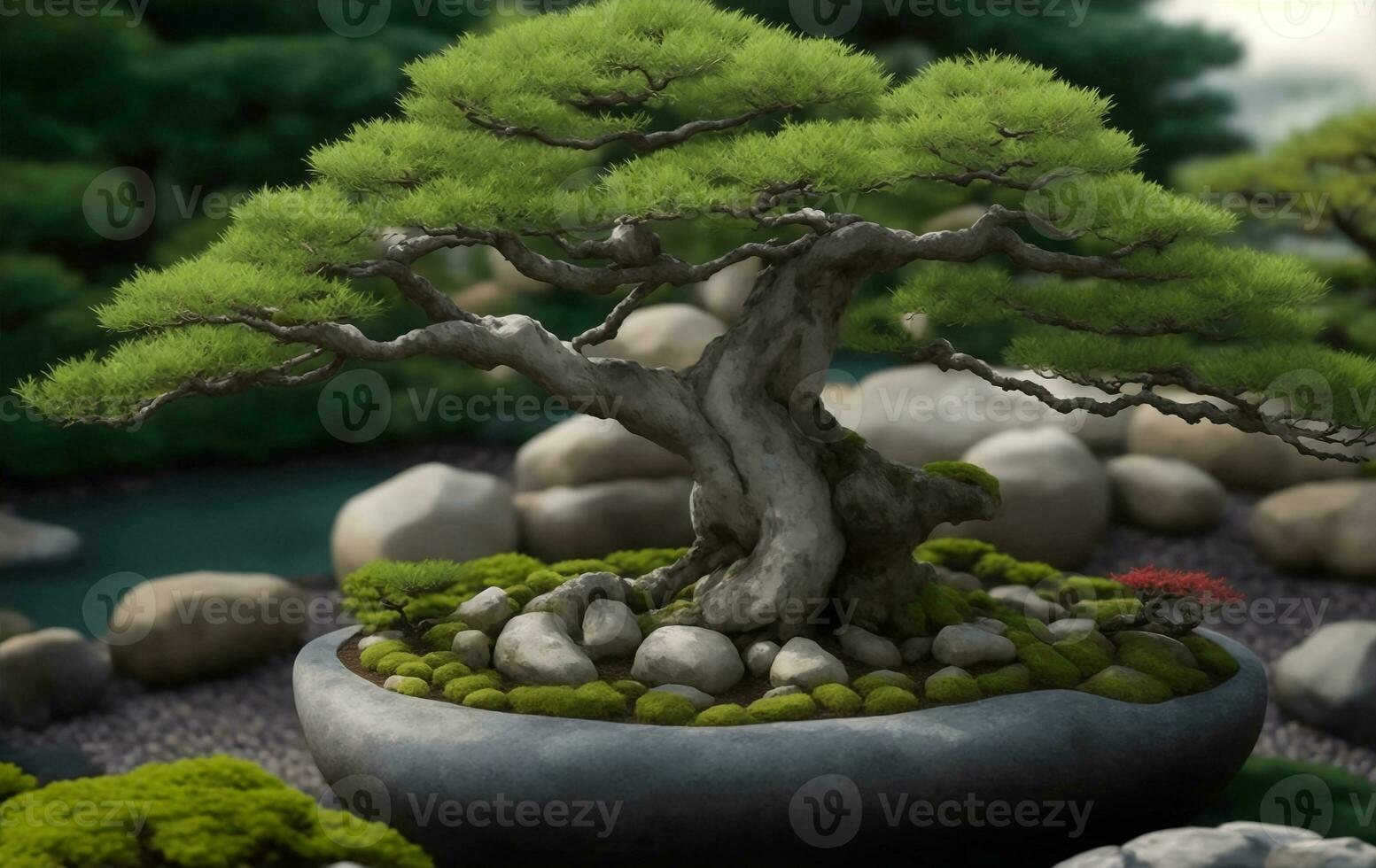 Japanese bonsai in japanese garden, Generative AI Illustration
