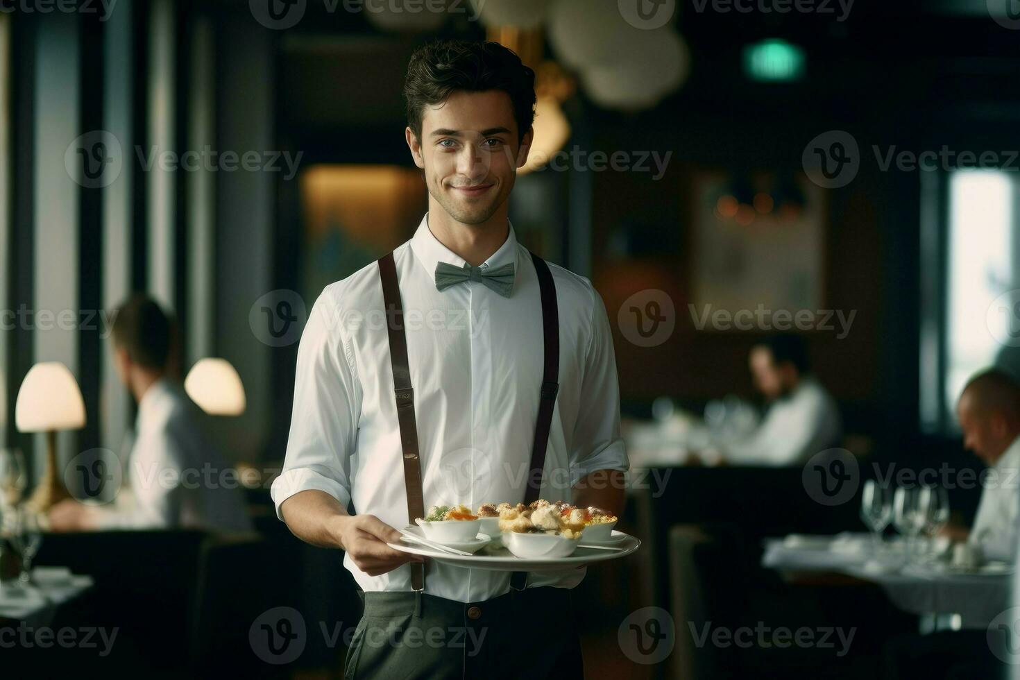 camarero sonriente en blanco camisa. generar ai foto