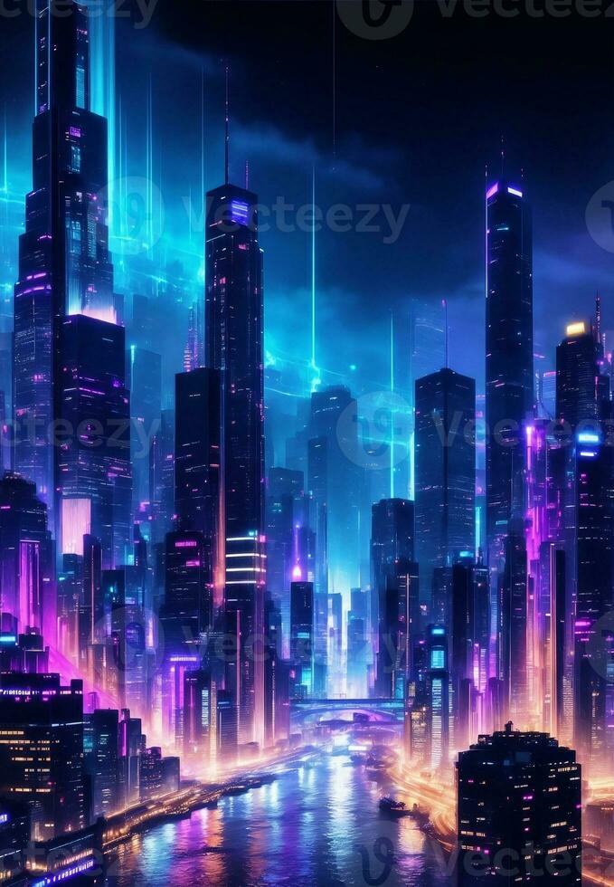 Cyber future cityscape at night, Generative AI Illustration. photo