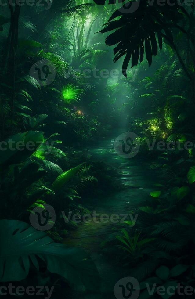Dark beautiful rain forest, Generative AI Illustration. photo