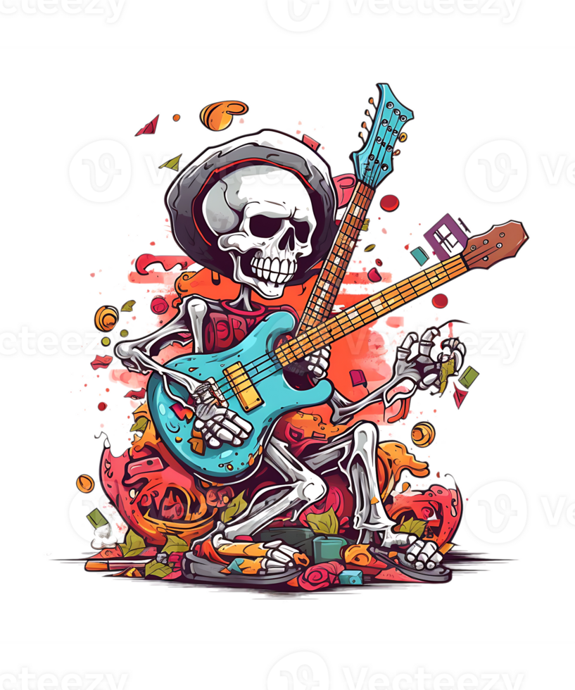 Colorful Funny Skull Guitar Skeleton Sublimation PNG Background