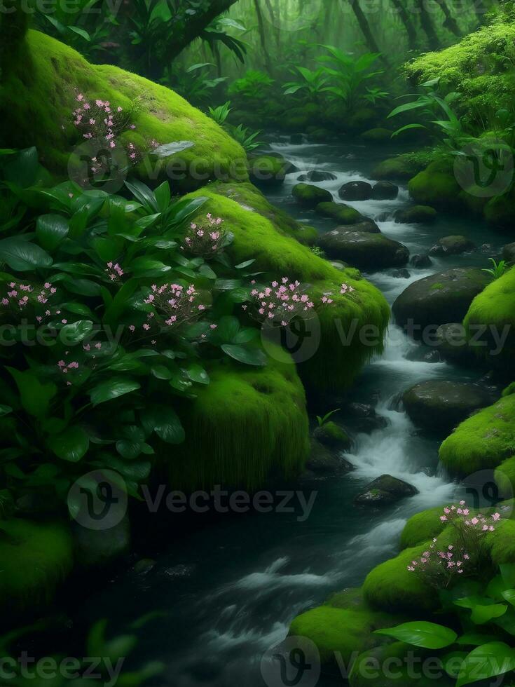 A river in forest with many plants, Generative AI Illustration. photo