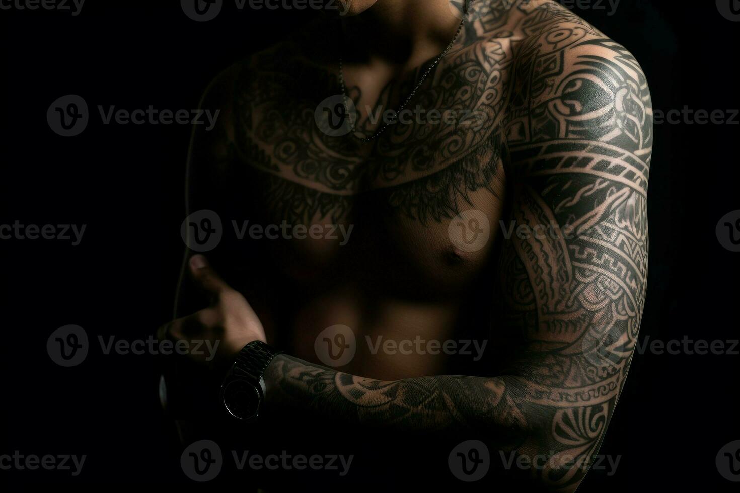 Man tattoos body paint. Generate Ai photo