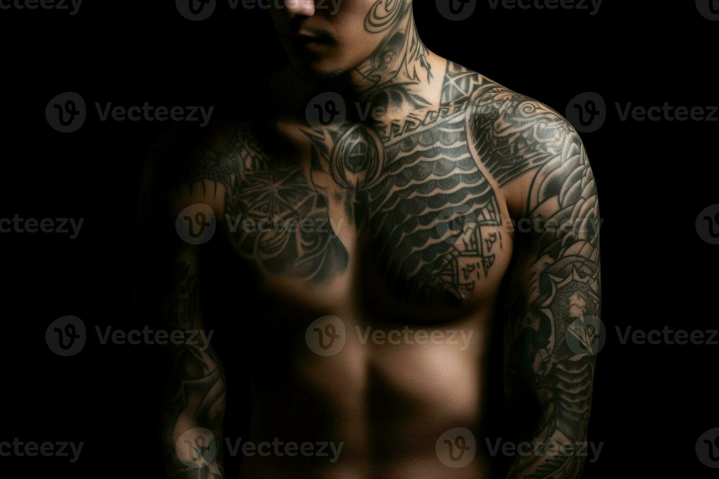 Man tattoos body face. Generate Ai photo