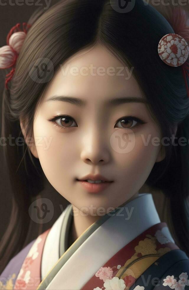 A beautiful Japanese girl in kimono, Generative AI Illustration. photo