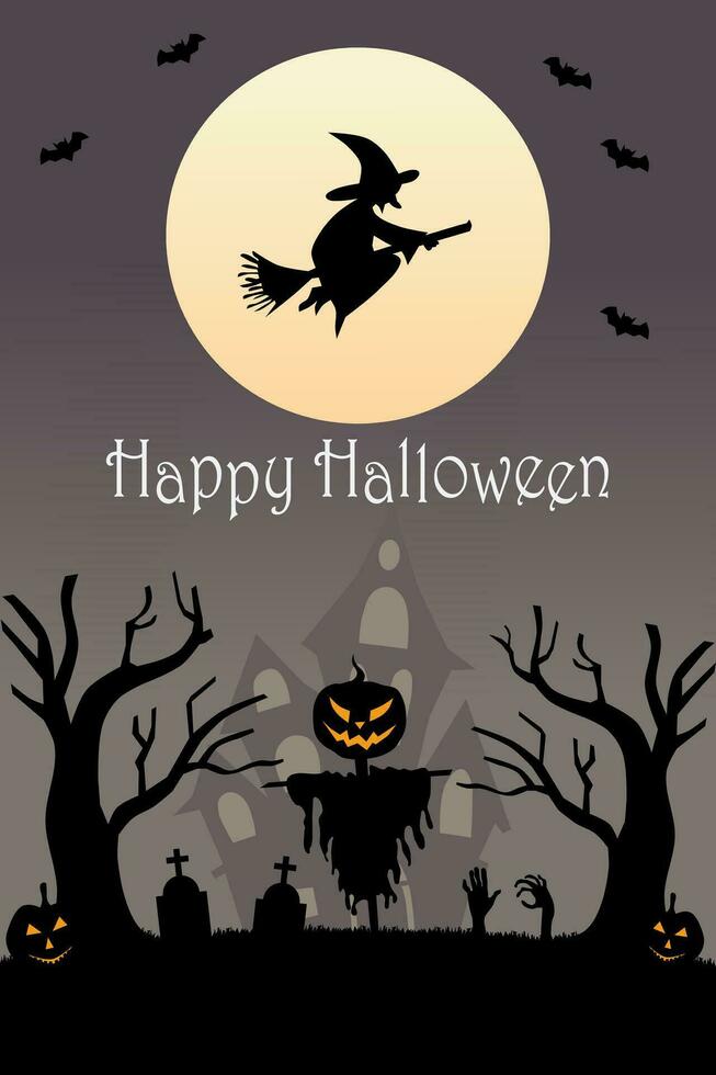 Halloween vertical background with pumpkin, haunted house, scarecrow, witch, and full moon. Flyer or invitation template for Halloween party. Vector illustration.