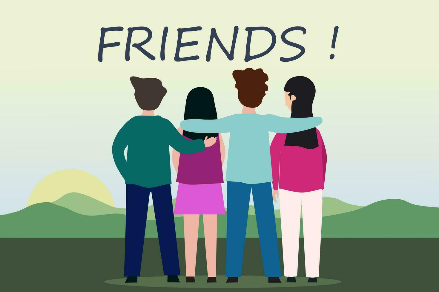 Happy international friendship day greeting card, back view of friends group illustration vector