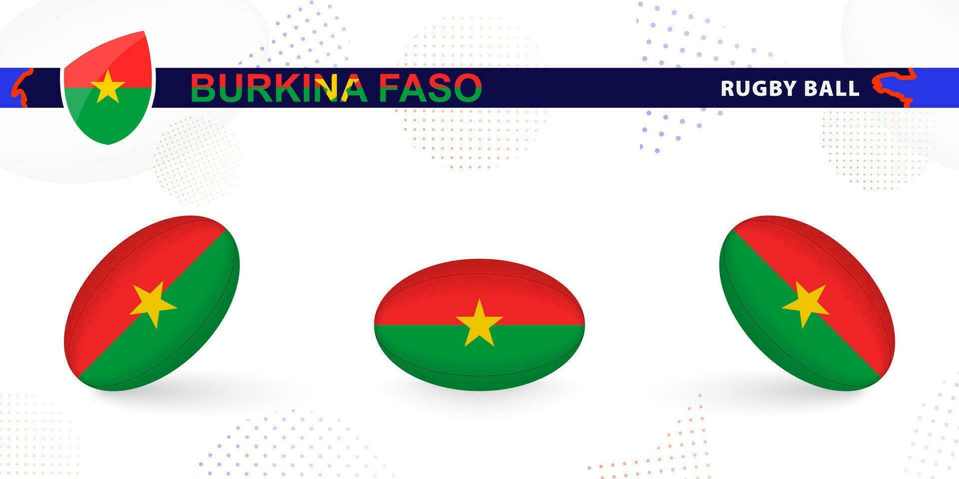 Rugby ball set with the flag of Burkina Faso in various angles on abstract background. vector