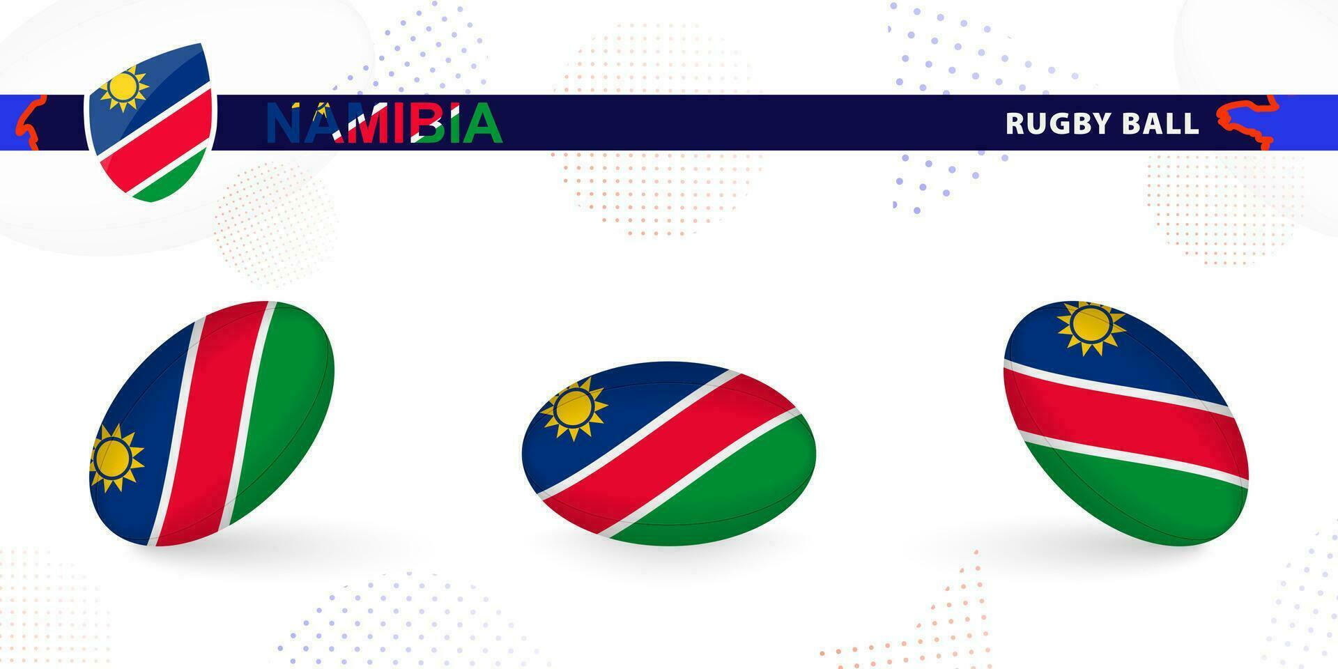 Rugby ball set with the flag of Namibia in various angles on abstract background. vector