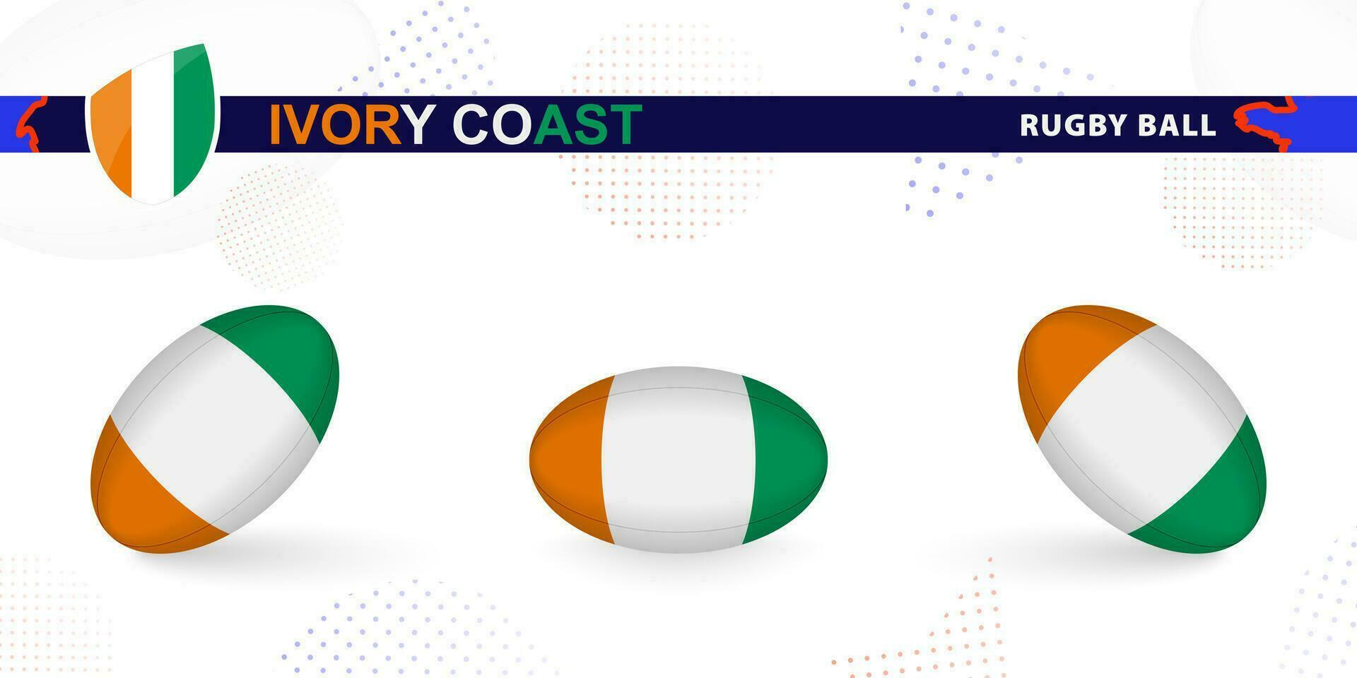 Rugby ball set with the flag of Ivory Coast in various angles on abstract background. vector