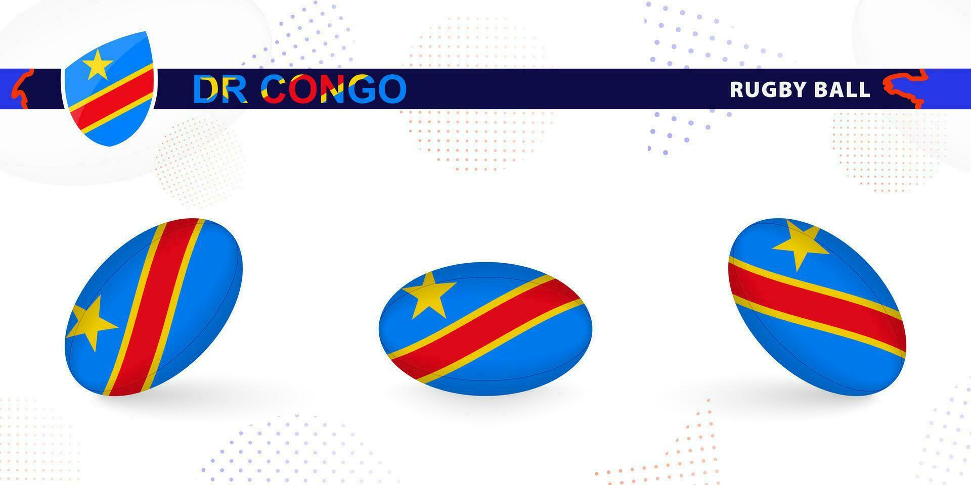 Rugby ball set with the flag of DR Congo in various angles on abstract background. vector