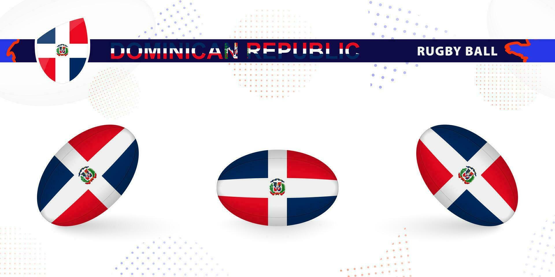 Rugby ball set with the flag of Dominican Republic in various angles on abstract background. vector