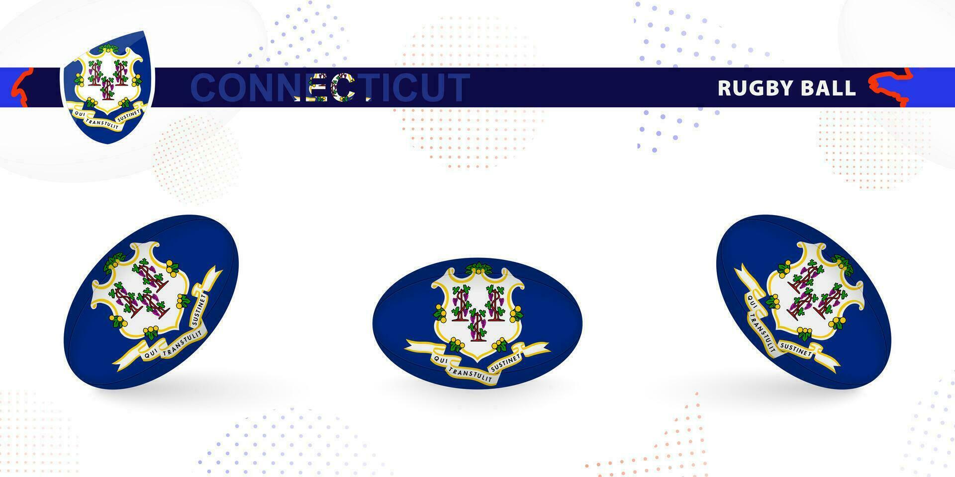 Rugby ball set with the flag of Connecticut in various angles on abstract background. vector