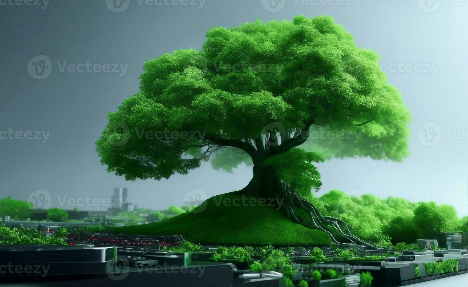 Green tree growing on computer motherboard, Generative AI Illustration. photo
