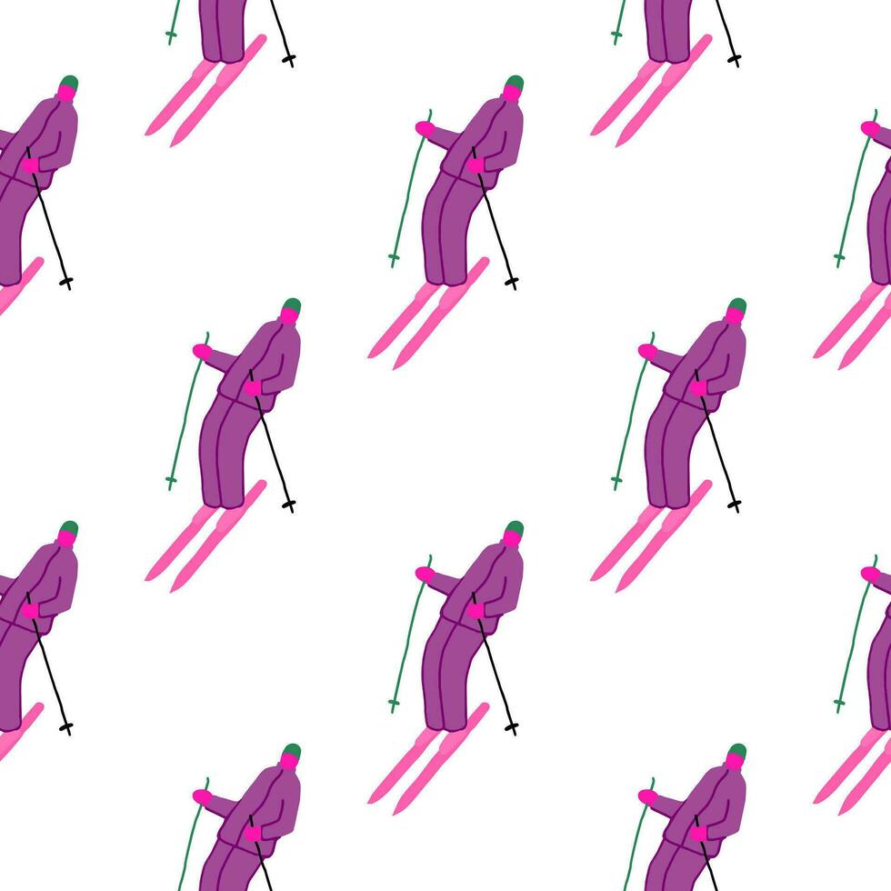 Skiers on the slope. Winter sports seamless pattern. vector