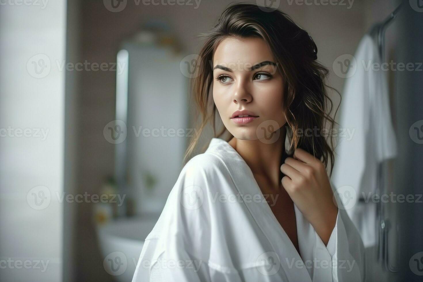 Woman sexy robe bathroom. Generate Ai photo