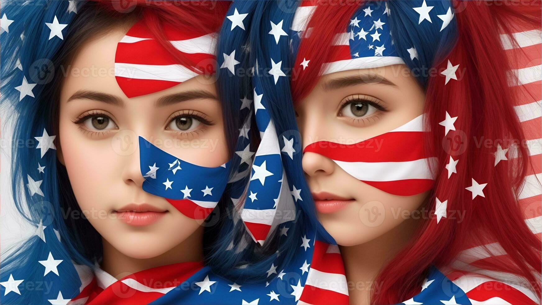 Illustration of people faces made out of usa flag colors, copy space. Ai Generated photo