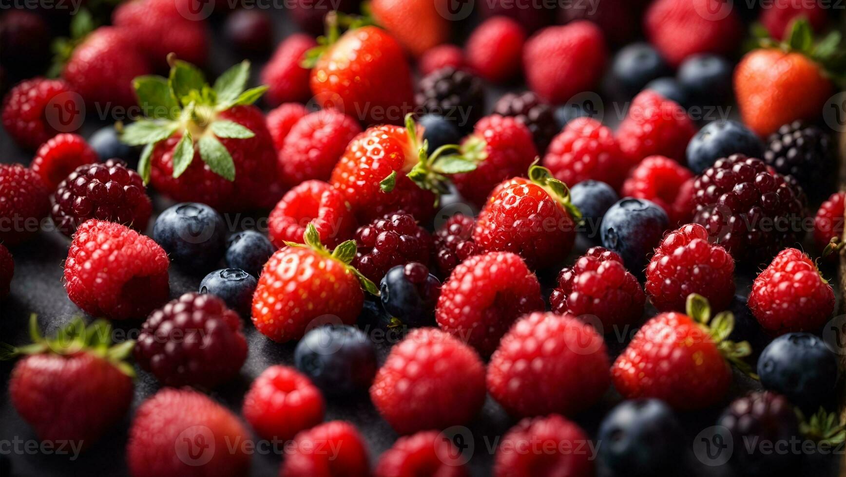 Berries overhead closeup colorful large assorted mix of strawbwerry, blueberry, raspberry, blackberry, red curant in studio on dark background. Ai Generated photo