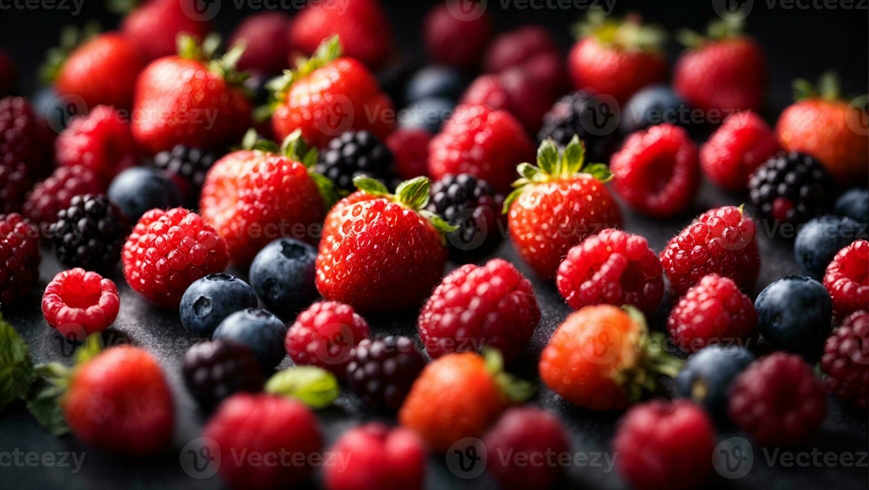 Berries overhead closeup colorful large assorted mix of strawbwerry, blueberry, raspberry, blackberry, red curant in studio on dark background. Ai Generated photo