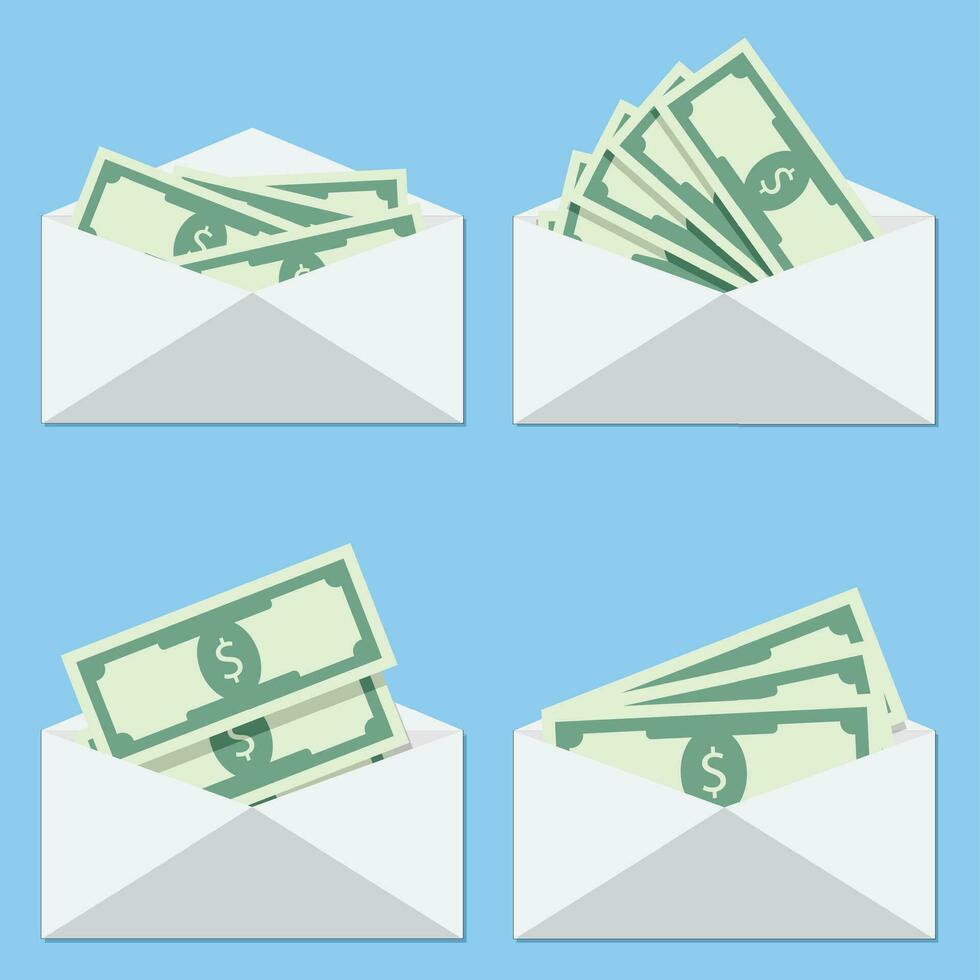 Cash in envelope, salary money, vector stack of cash, dollar cash icon, pile of cash illustration