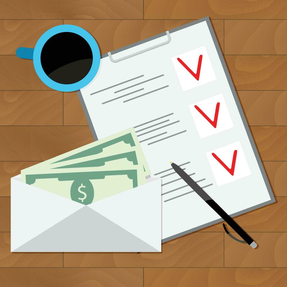 Wage Planning To Spend. Banknote and checklist, plan salary. Vector illustration
