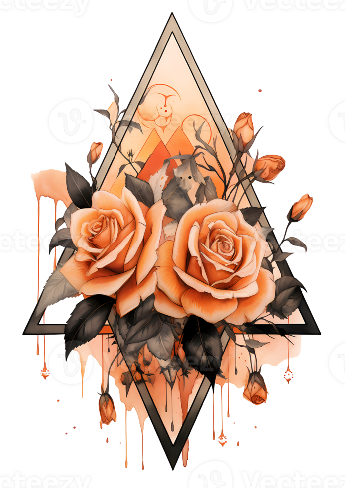 Ai generated orange roses and watercolor paint on a triangle png