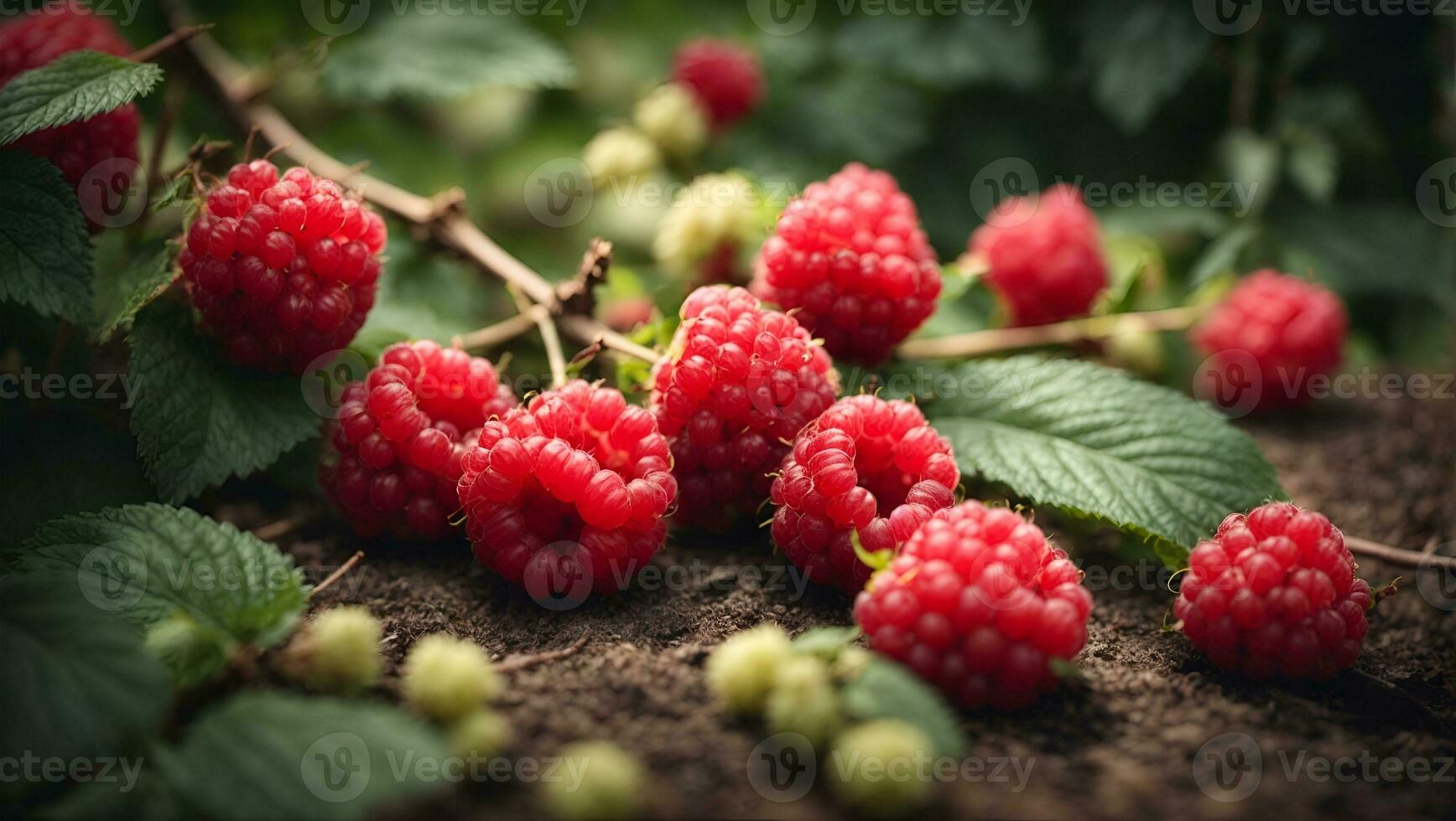 Branch of ripe raspberries in a garden. Ai Generated photo